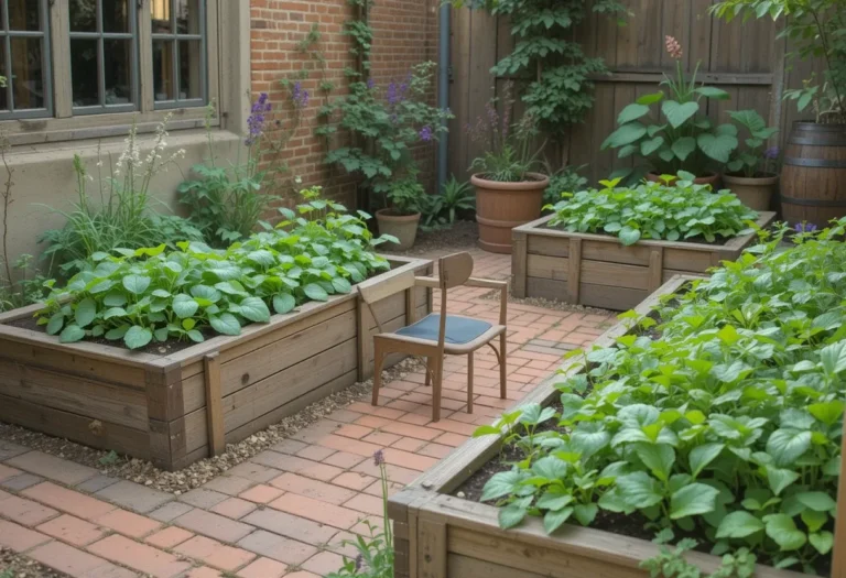 Raised wooden garden beds filled with leafy greens like spinach and arugula, with a red brick path in a cozy courtyard.
