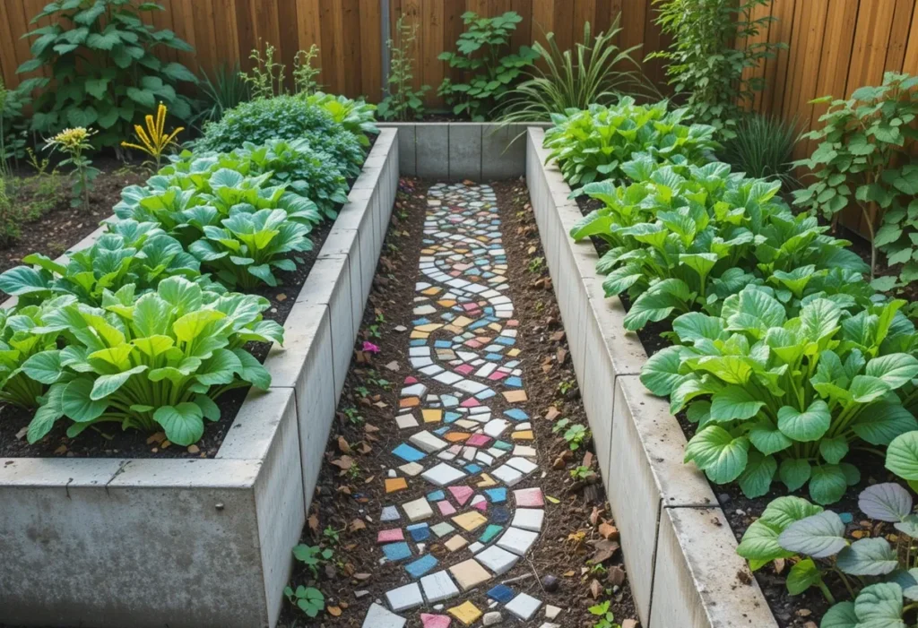 Concrete vegetable beds with Swiss chard and spinach, colorful mosaic walkway, and wood fencing.