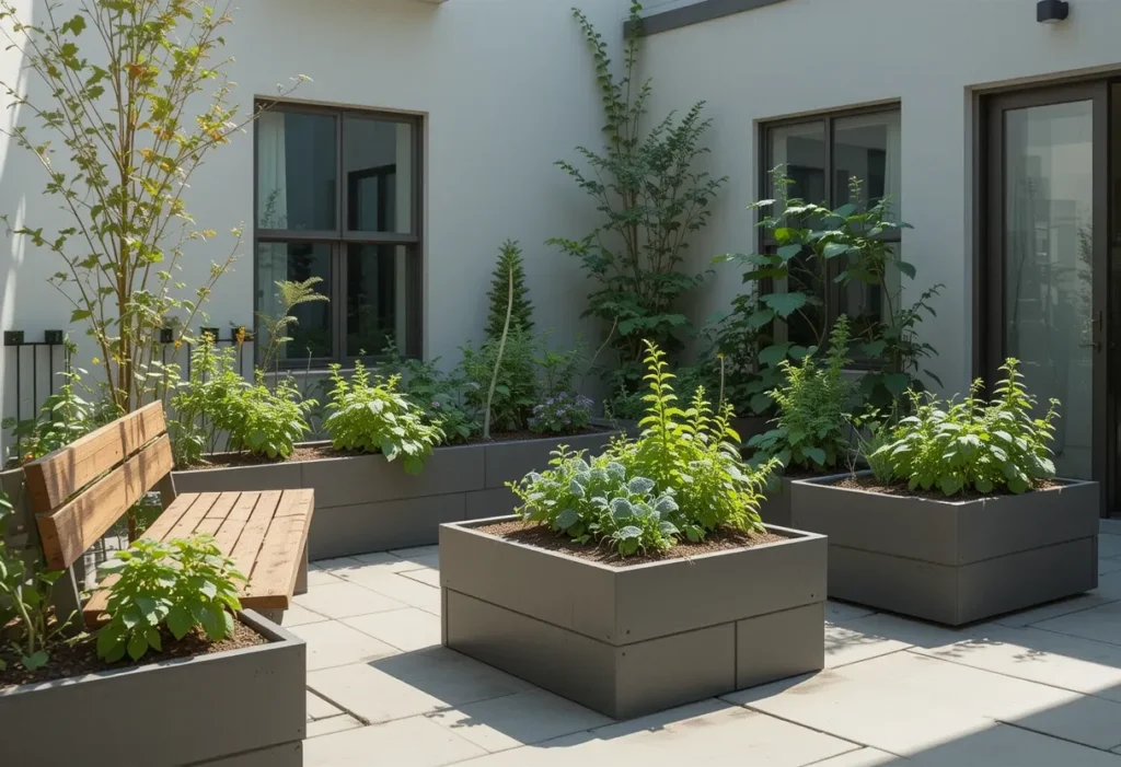 Simple courtyard setup with herb planters and a small wooden bench, perfect for relaxing in the sun.
