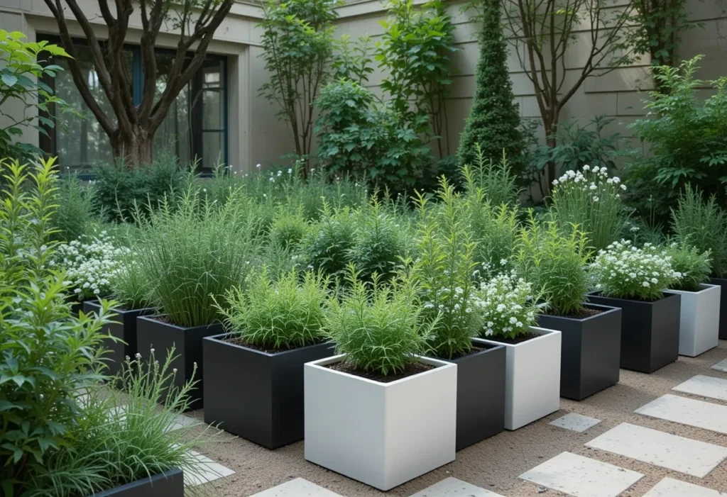 Stylish courtyard herb garden with black and white containers holding rosemary and basil, surrounded by smooth stones.