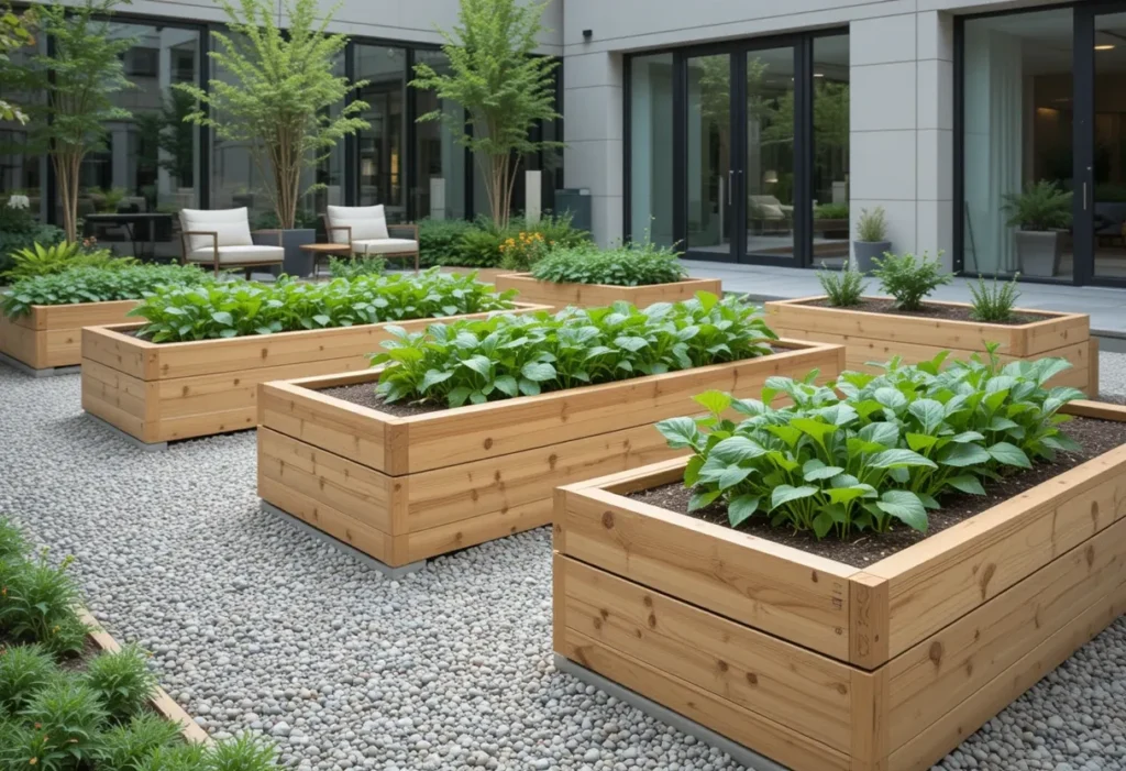 Urban courtyard garden with raised wood beds growing arugula and spinach, with neat gravel paths.