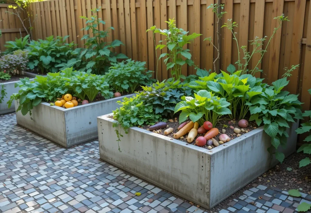 Concrete planters full of leafy greens and veggies, with mosaic tiles and a warm wooden fence in the background.