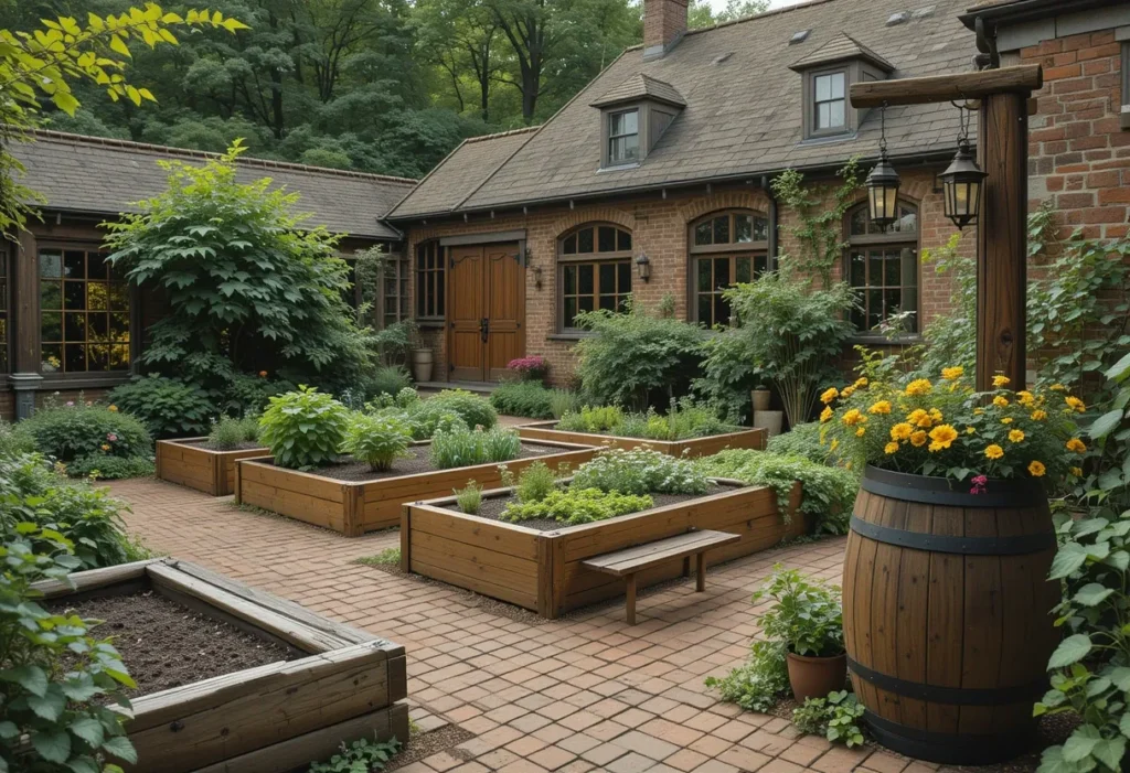 Wooden veggie beds and a red brick path in a rustic courtyard, with a barrel planter and cozy lighting.