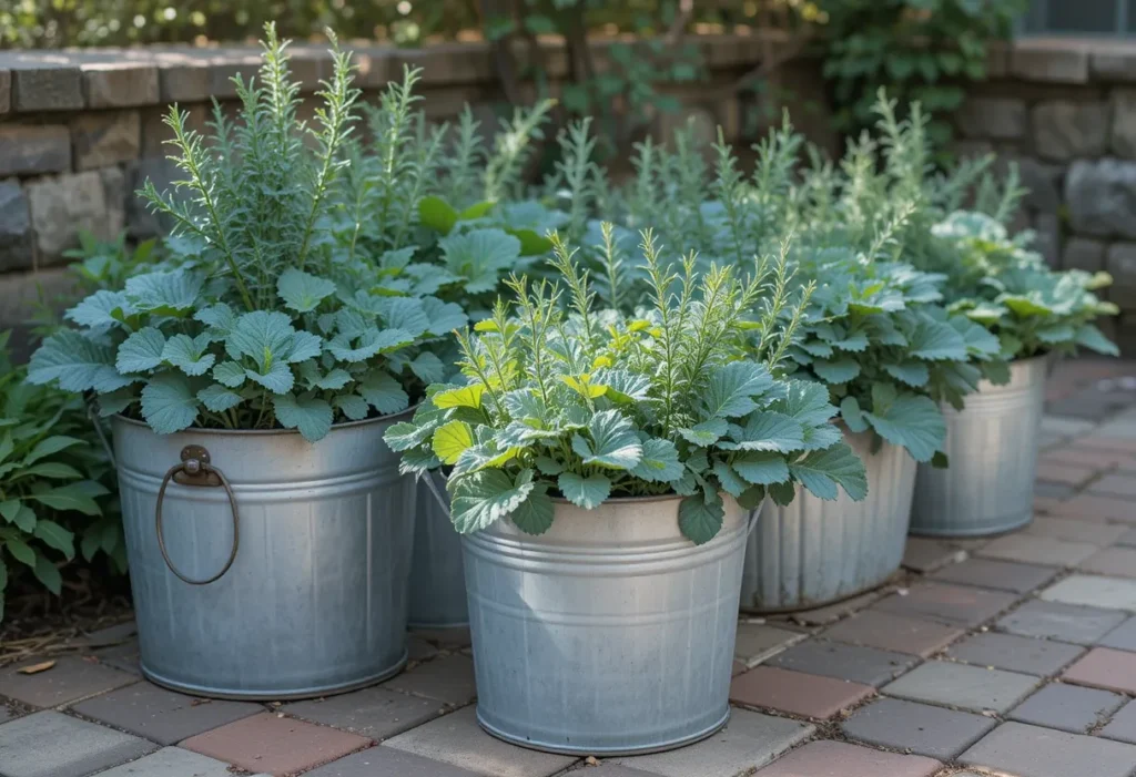 Vintage courtyard garden with metal tubs holding kale and rosemary, set against brick and stone.