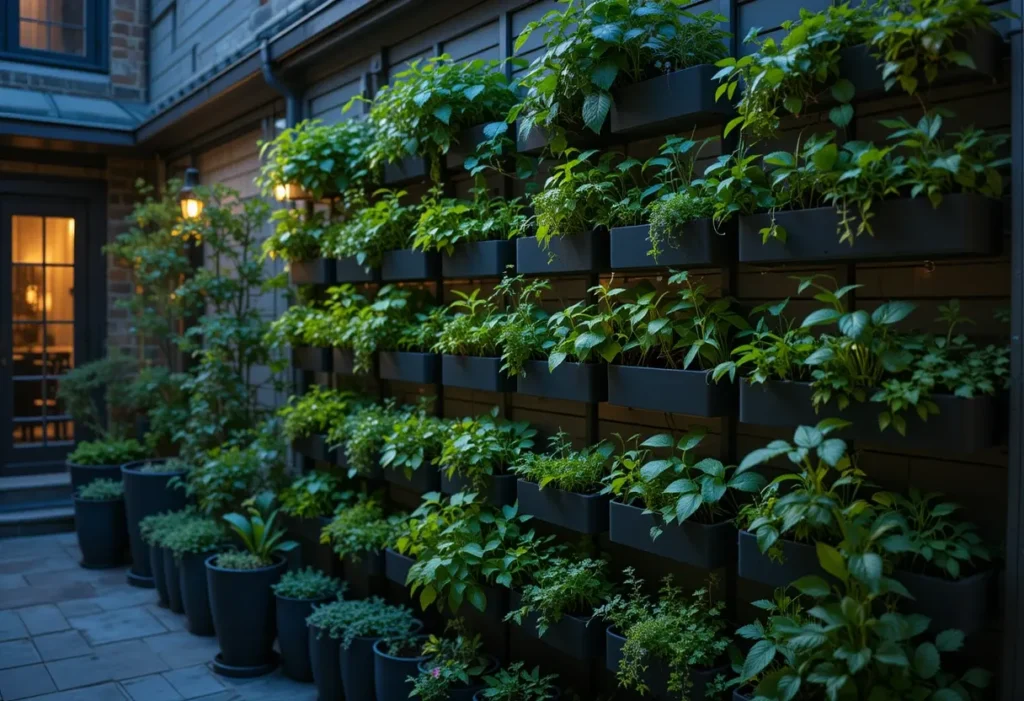 Vertical garden wall with mint and basil in black planters, glowing with warm lights in an evening courtyard.