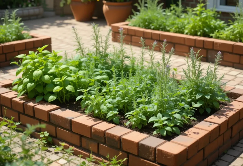 Small courtyard herb garden with brick-edged beds growing rosemary, mint, and basil in a sunny outdoor space.