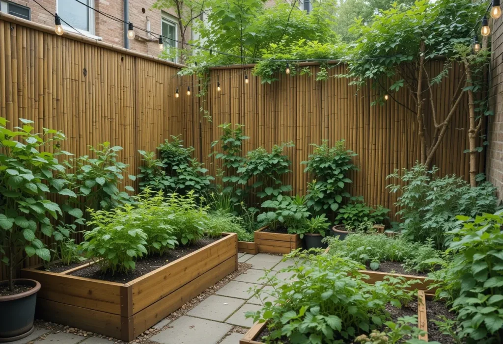 Compact city courtyard with wooden herb beds and bamboo fencing, featuring basil, thyme, and soft string lights.