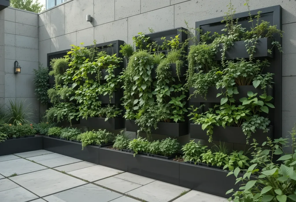 Modern herb wall garden with black vertical planters growing mint and thyme against a clean, neutral wall.