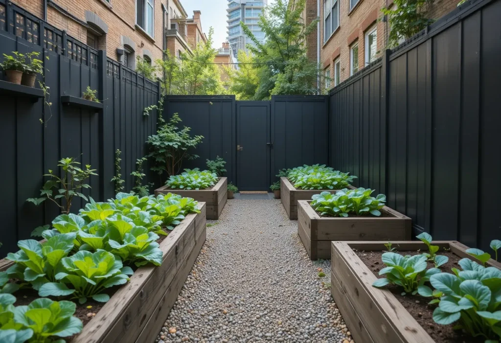 Rustic-style courtyard with wooden vegetable beds, leafy greens, and a modern black fence.