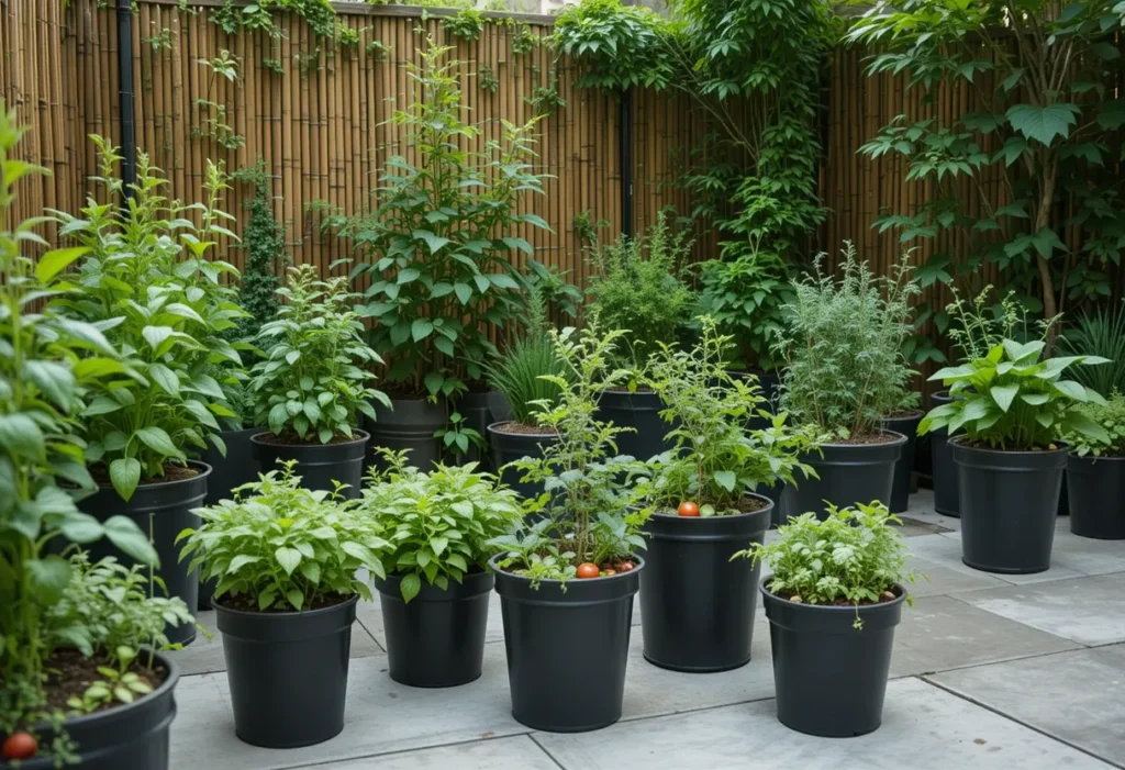 Chic courtyard herb garden with black pots, bamboo fencing, and lush plants like basil and tomatoes.