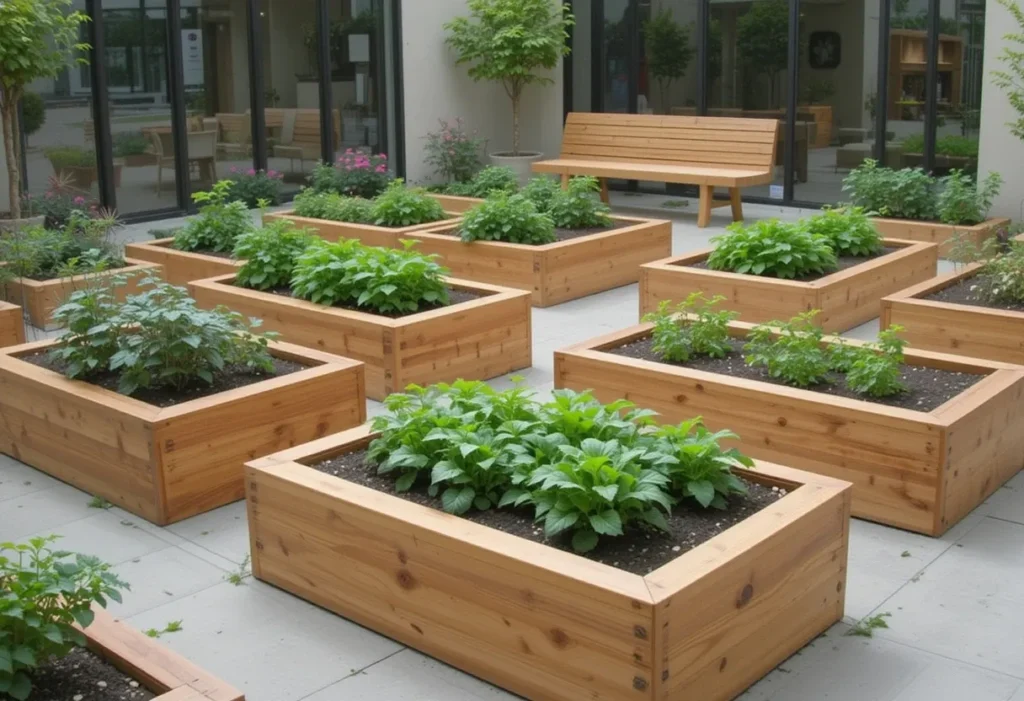 Modern courtyard garden with square wooden beds, kale and basil, and a built-in bench for relaxing.