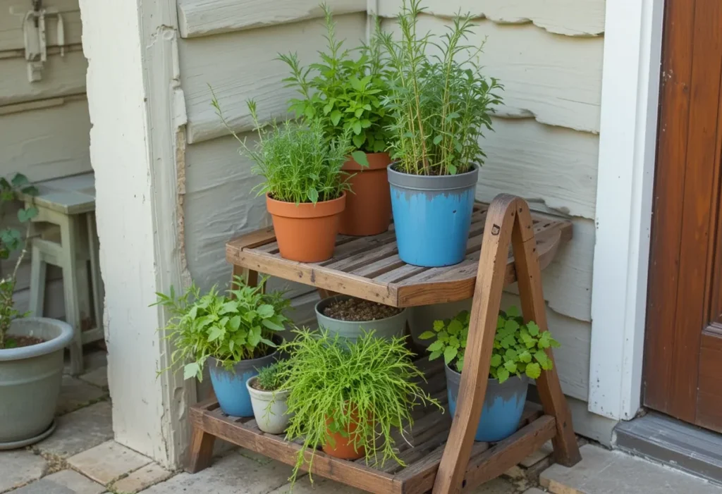 Tiered herb garden with terracotta and ceramic pots filled with mint and rosemary in a sunny courtyard corner.