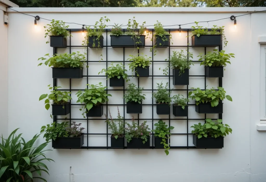 Vertical herb garden with cascading mint, basil, and thyme on a black trellis with soft lighting.