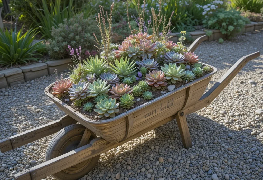 Weathered wooden wheelbarrow filled with succulents like Echeveria and Sedum, resting on a gravel path under sunlight.