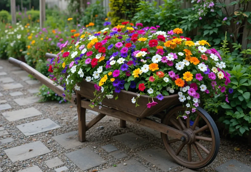 Wooden wheelbarrow filled with petunias, zinnias, lobelia, and alyssum along a gravel garden path.