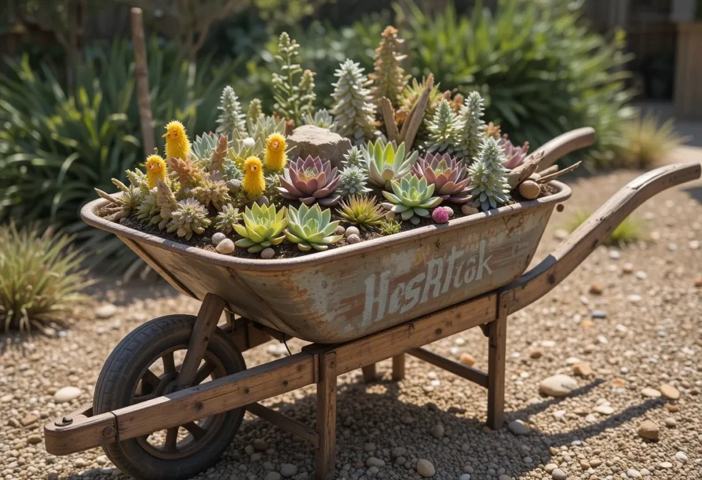 Old wheelbarrow with faded paint filled with Hens and Chicks, Echeveria, and driftwood under bright sunlight.