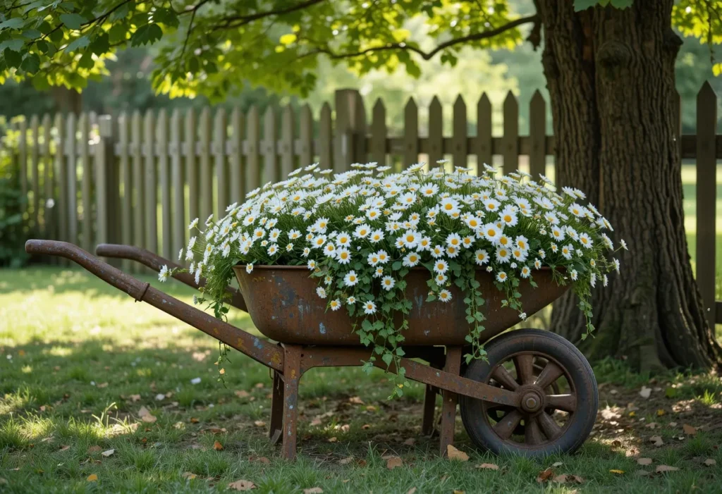 Rust-speckled wheelbarrow showcasing white and yellow daisies and creeping Jenny near a shaded fence.