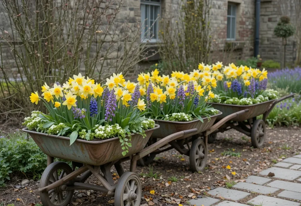 Three wheelbarrows lined with daffodils, tulips, and grape hyacinths arranged along a spring garden path.