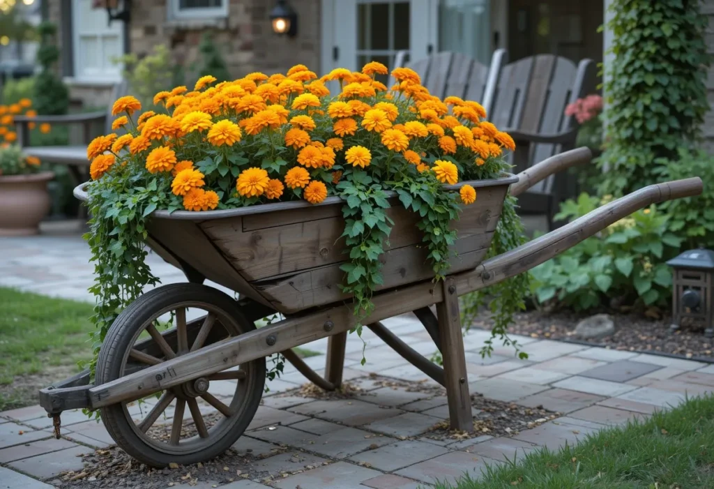 Wooden wheelbarrow filled with orange and yellow marigolds, placed near ivy and sweet potato vines by a patio.