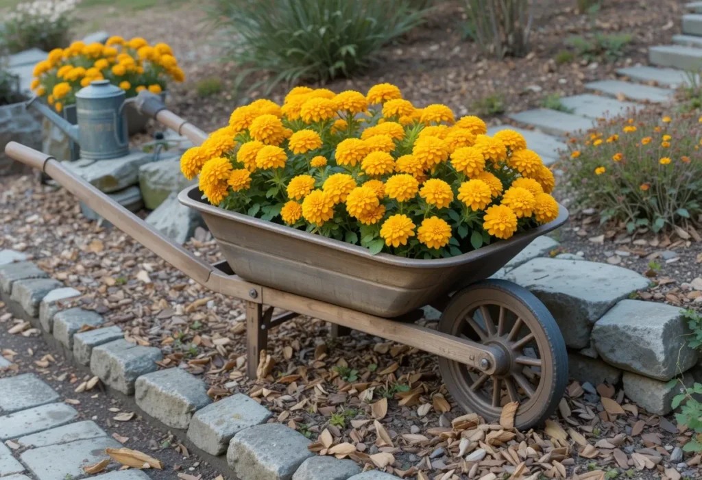 Classic wheelbarrow along a stone path, brimming with golden marigolds, mossy rocks, and rustic garden tools