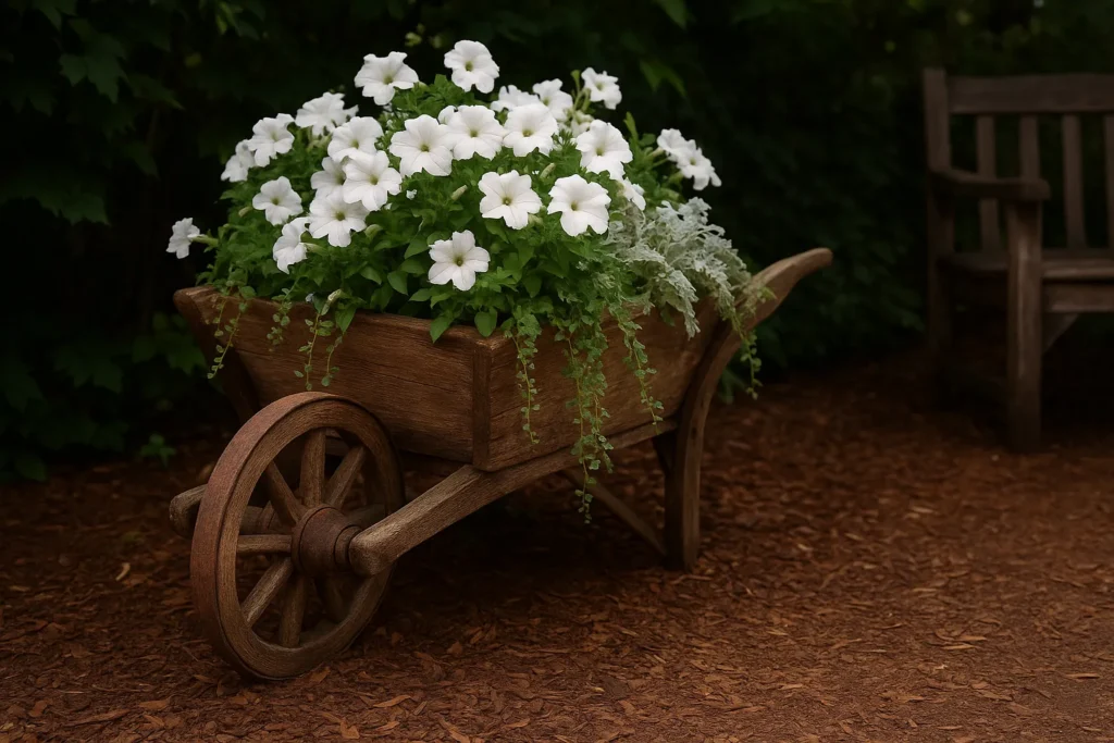 Wooden wheelbarrow cascading with white petunias, ivy, and dusty miller in a shady garden corner