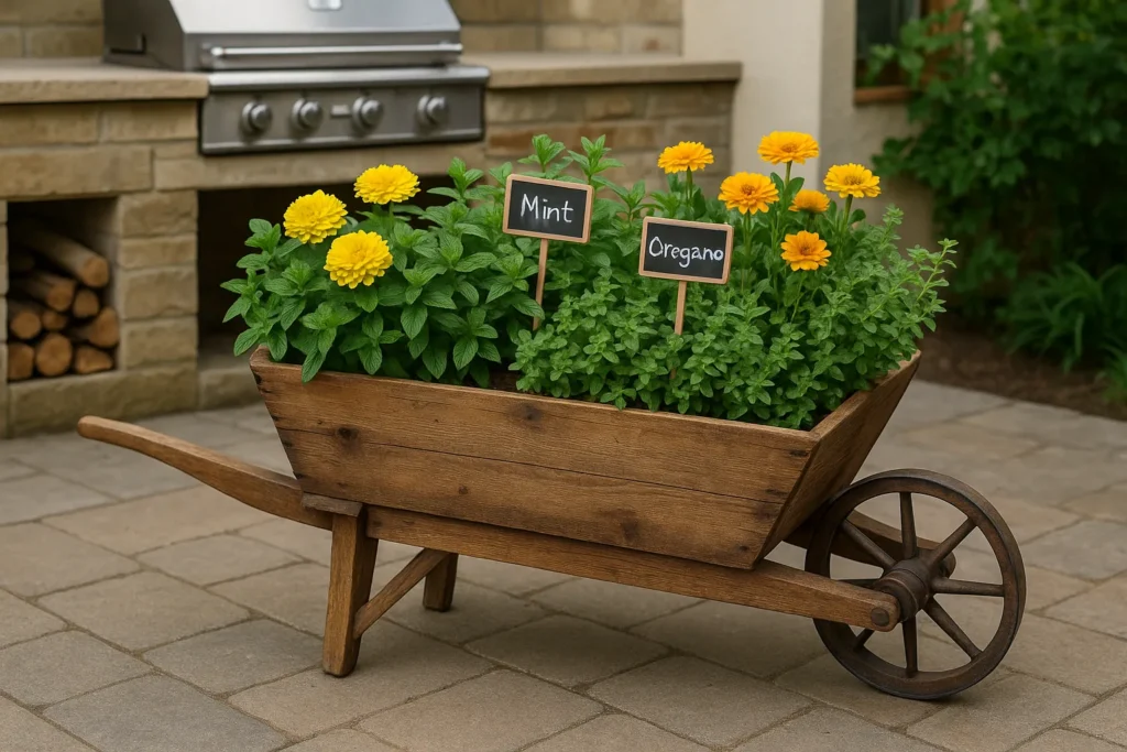 Farmhouse-style wheelbarrow with zinnias, calendulas, mint, and oregano beside an outdoor kitchen with chalk labels.Farmhouse-style wheelbarrow with zinnias, calendulas, mint, and oregano beside an outdoor kitchen with chalk labels.