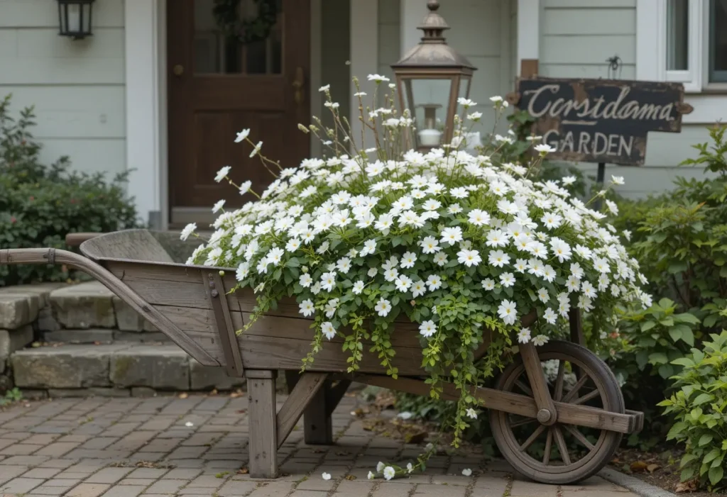 Old wooden wheelbarrow overflowing with white alyssum and impatiens near a cottage entry, decorated with a garden sign and lantern.