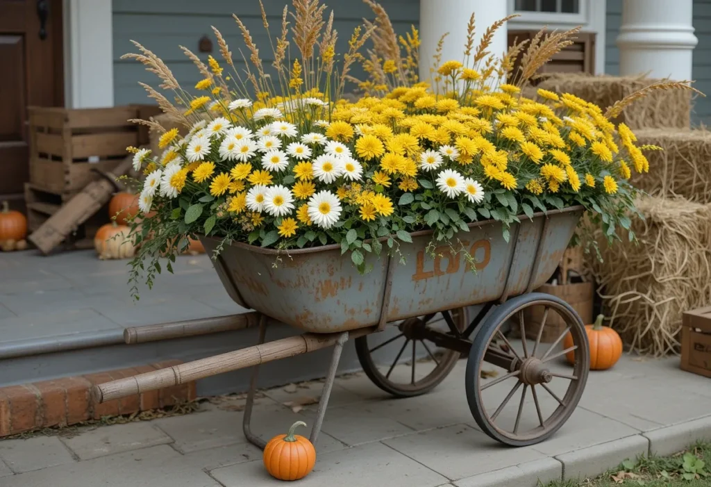 Metal wheelbarrow brimming with yellow and white chrysanthemums, surrounded by hay bales, mini pumpkins, and grasses.