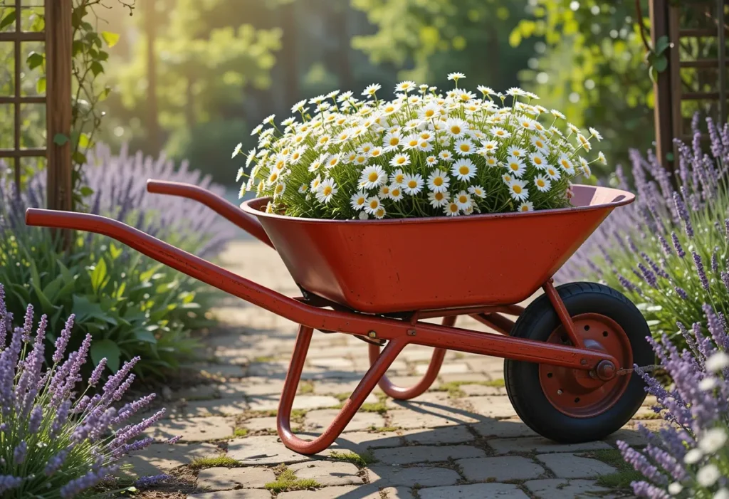 Vintage red wheelbarrow filled with blooming white daisies beside a sunny garden path and lavender-filled trellis.