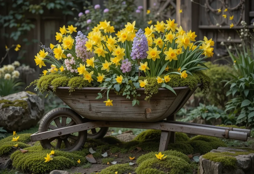 Aged wheelbarrow full of yellow daffodils and pastel hyacinths, accented with ivy, moss, and decorative butterflies.