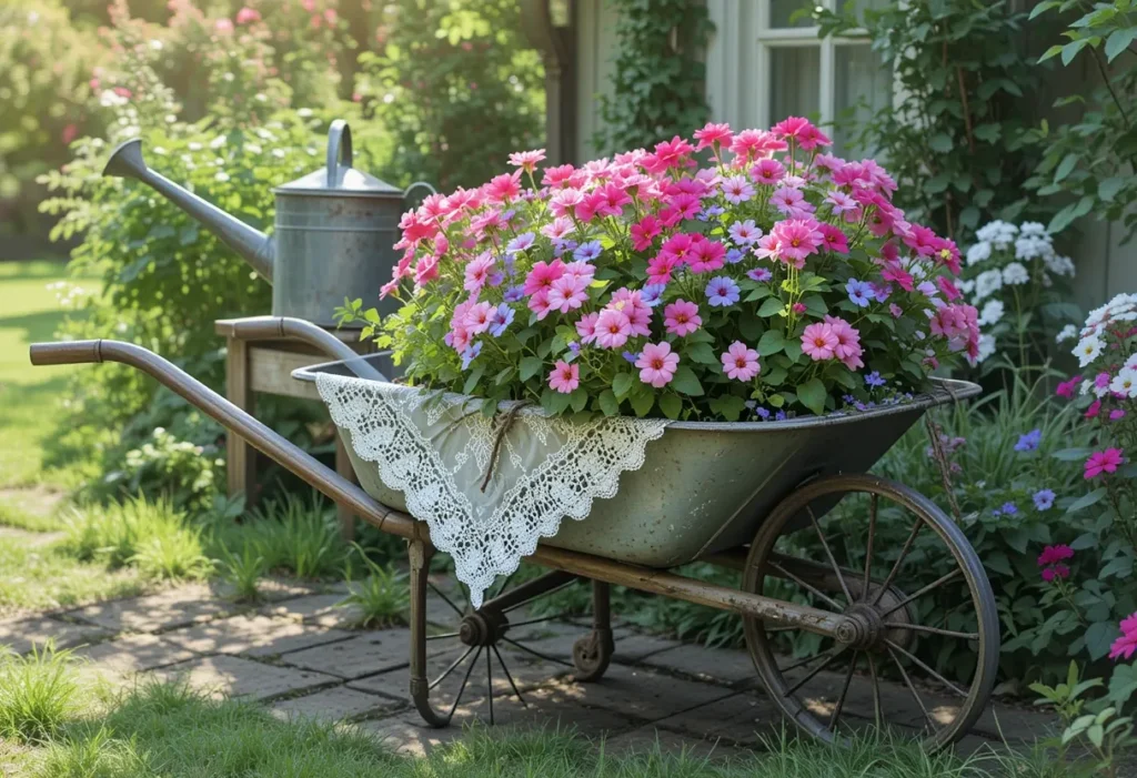 Classic metal wheelbarrow planted with pink geraniums and dusty miller, styled with lace and antique accessories.