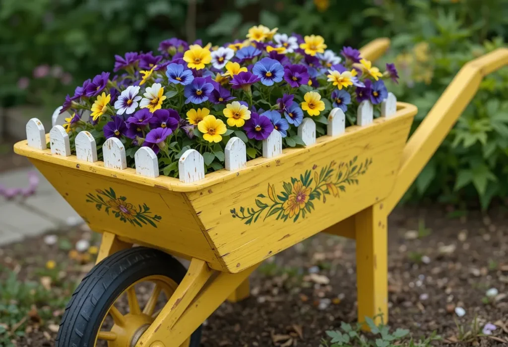 Yellow-painted wooden wheelbarrow overflowing with colorful pansies and framed by a white picket fence.