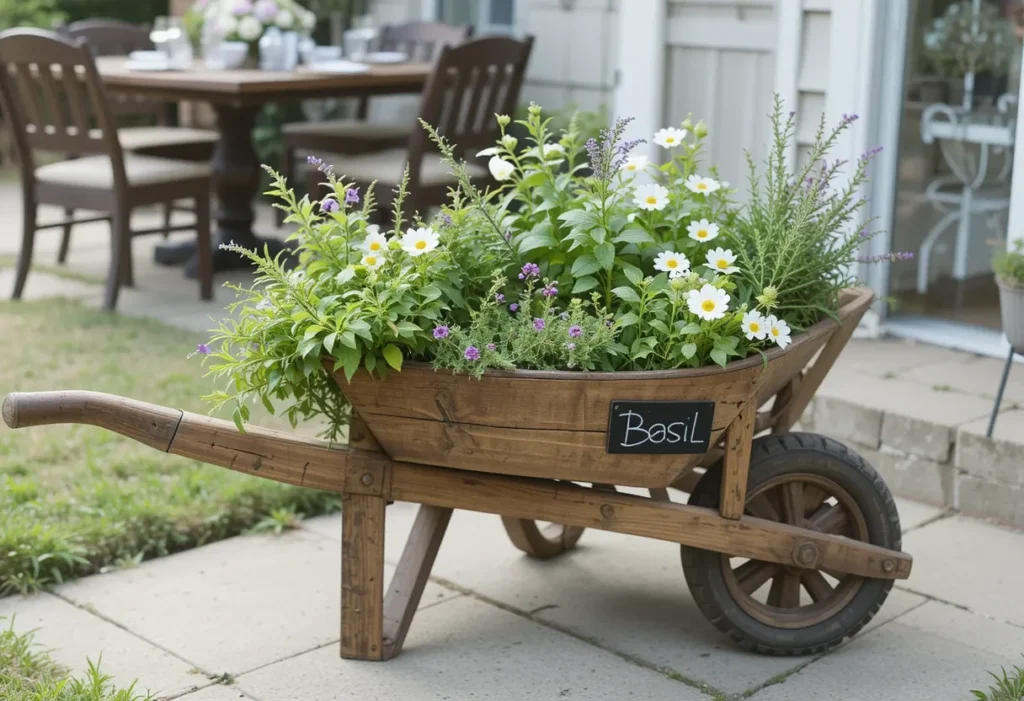 Wooden wheelbarrow planted with herbs like basil and thyme, along with white cosmos, near a farmhouse-style dining area.