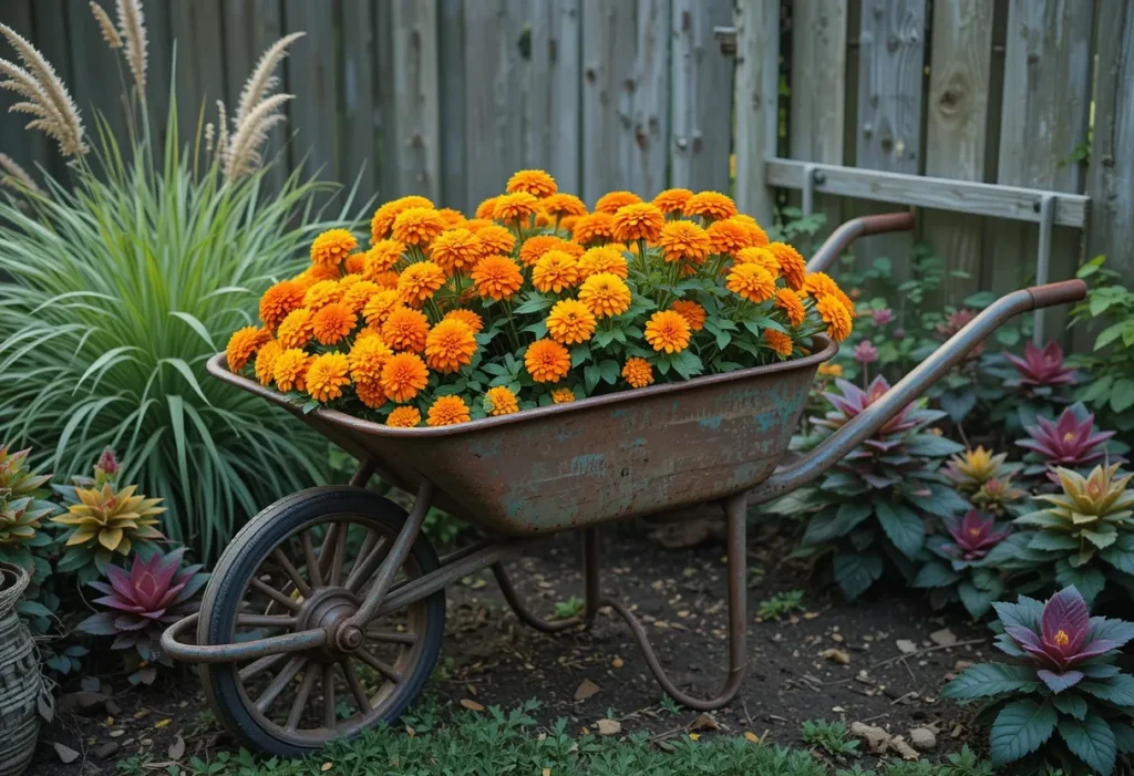 Antique iron wheelbarrow glowing with orange and yellow marigolds, set near a rustic vegetable patch.
