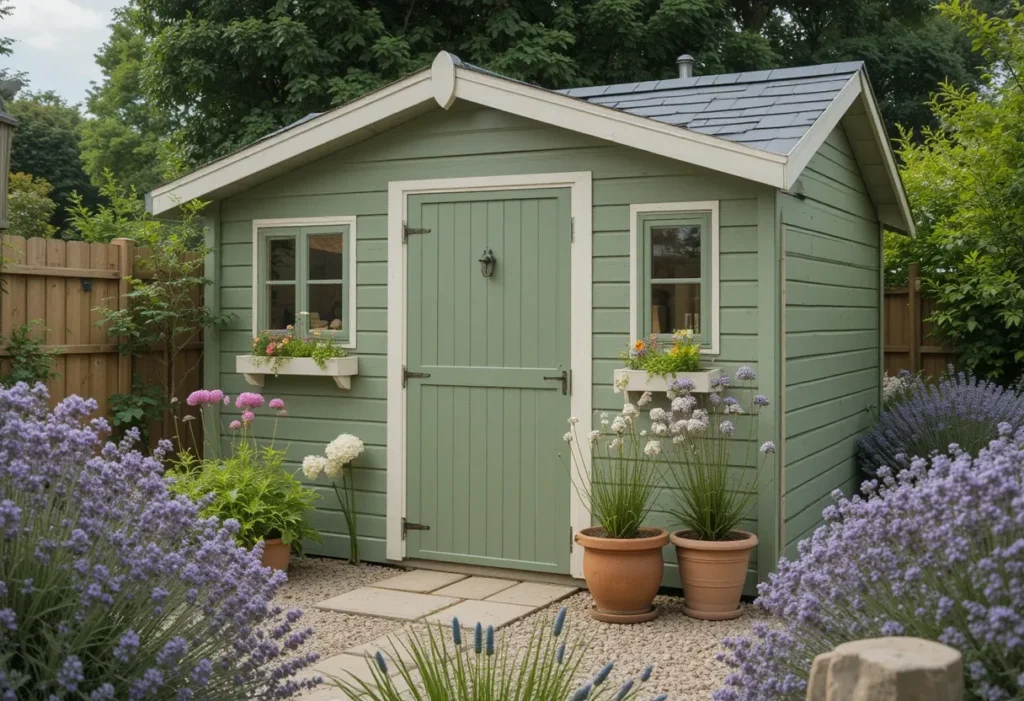  Soft sage green garden shed with cream trim, terracotta accents, and surrounding lavender plants.