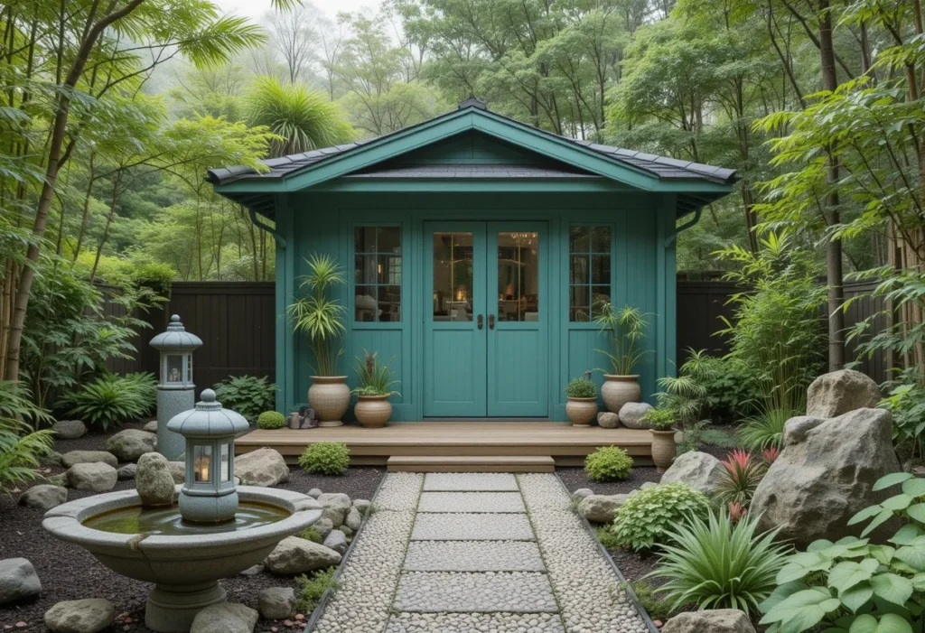 Celadon green garden shed in a serene zen-style garden with bamboo and stones.