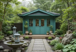 Celadon green garden shed in a serene zen-style garden with bamboo and stones.