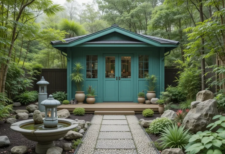 Celadon green garden shed in a serene zen-style garden with bamboo and stones.