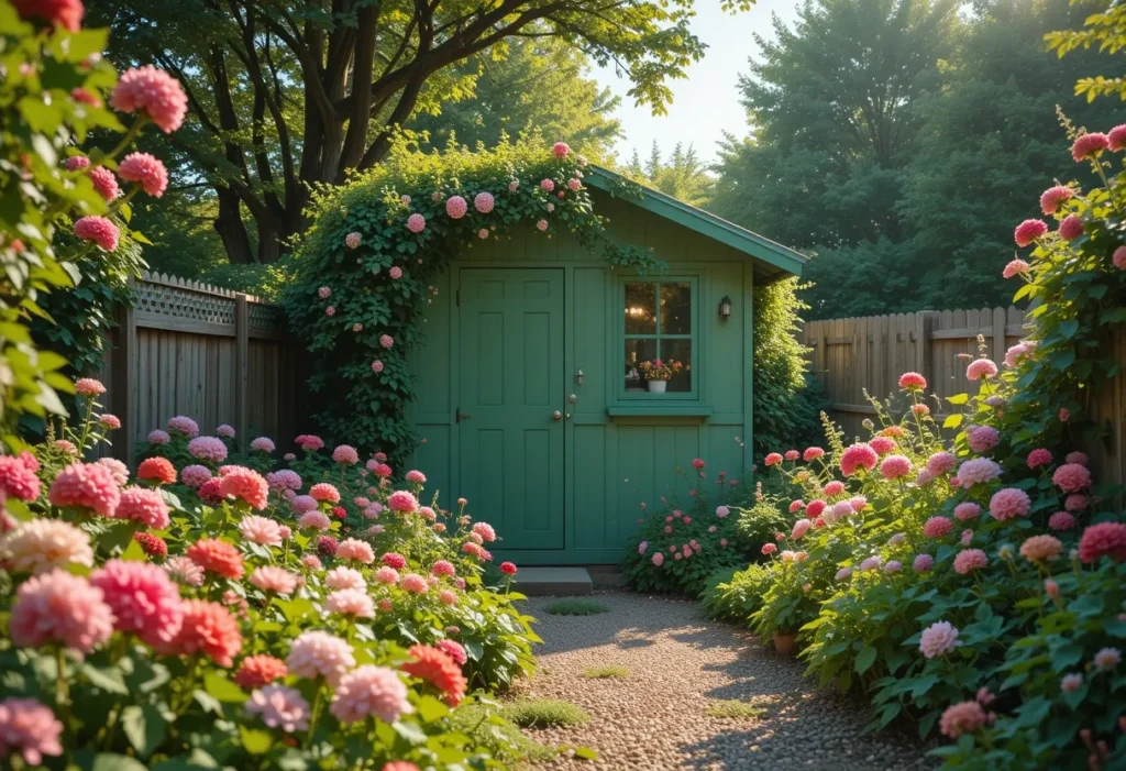 A lush garden with a green shed surrounded by flowers and vines, blending into the natural landscape.