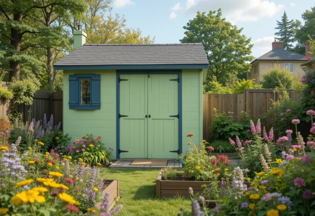 Playful pear green shed with white and navy accents, surrounded by vibrant garden beds.