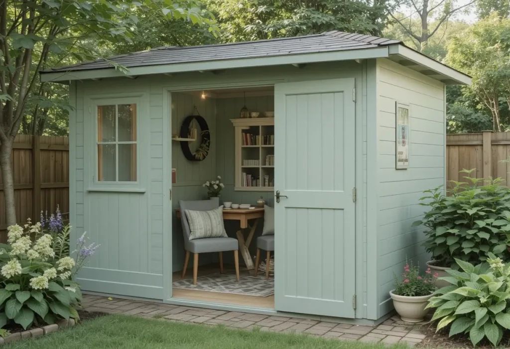 Pastel tea green shed nestled in a tranquil shaded garden with soft, elegant touches.