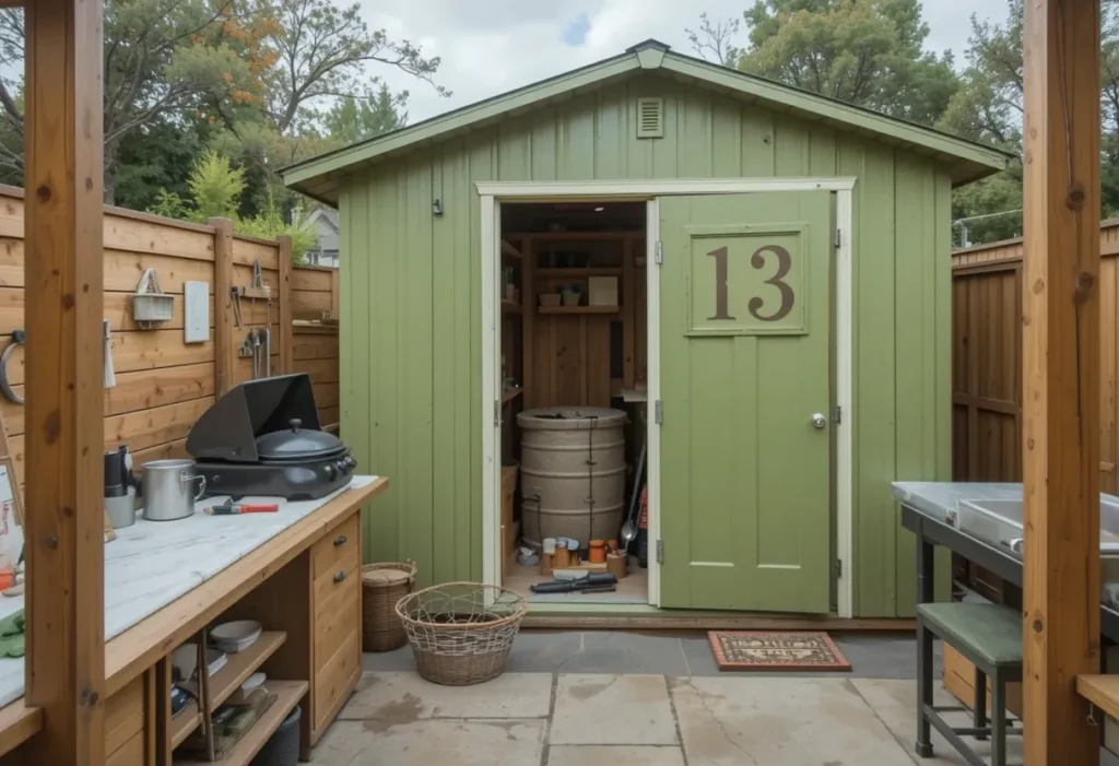 Avocado green utility shed with vintage flair and natural wood accents for a functional garden space.