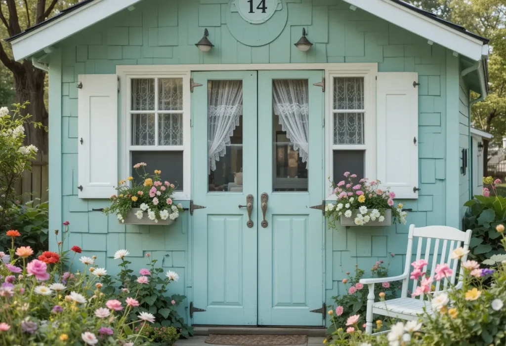 Bright seafoam green cottage-style shed in a blooming garden with soft, romantic details.