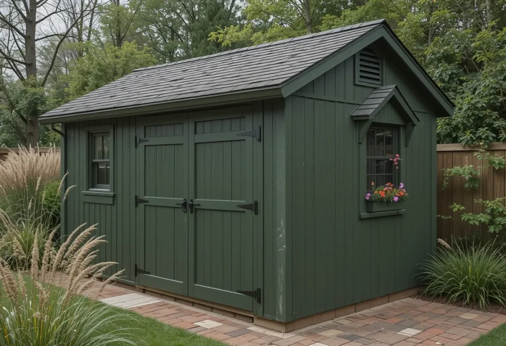 Craftsman-style army green shed with rustic details and a strong, durable look.