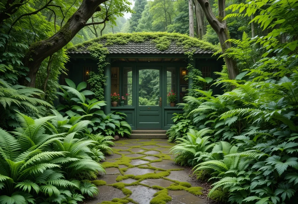 Vibrant fern green garden shed designed as a peaceful office space among green plants.