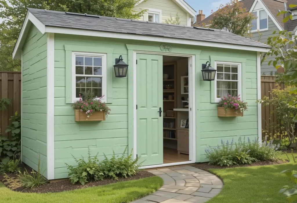 Two-tone pistachio and white garden shed with floral accents and charming garden path.