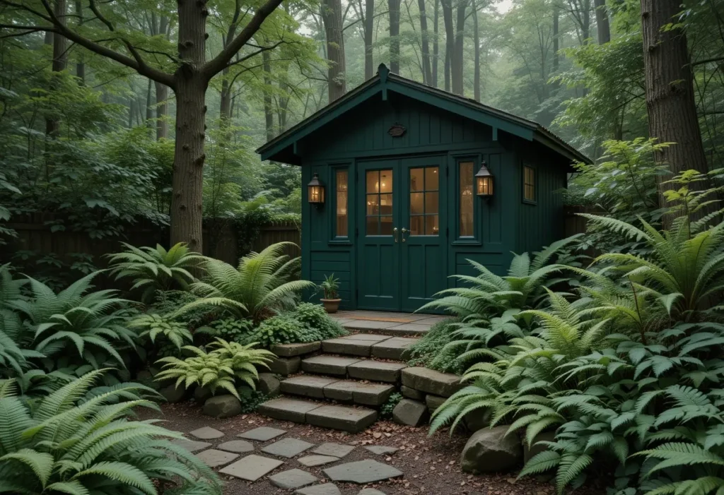  Forest green garden shed surrounded by ferns and trees, blending into a woodland garden setting.