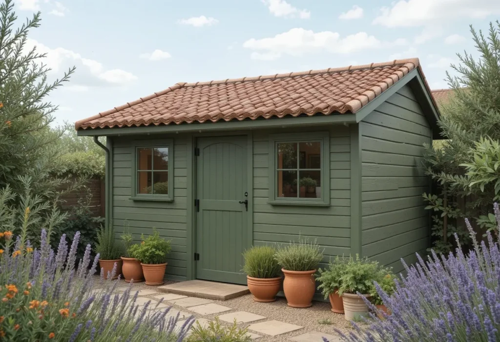 Olive green shed in a rustic country garden with herbs, gravel paths, and vintage garden tools.