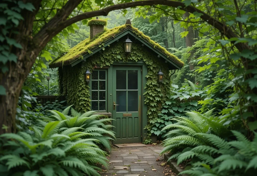  Moss green hideaway garden shed surrounded by vines, ivy, and shaded ferns.
