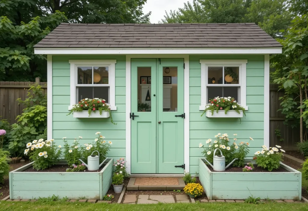 Light pistachio green garden shed with white trim and whimsical cottage garden decor.